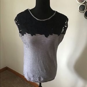 Navy striped crochet neck top